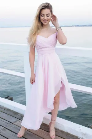 Off Shoulder High Low Pink Chiffon Prom Dress, High Low Pink Formal Graduation Homecoming Dress