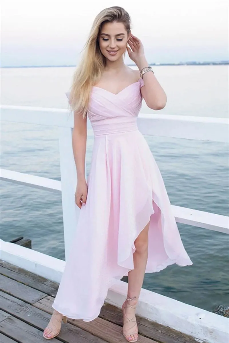 Off Shoulder High Low Pink Chiffon Prom Dress, High Low Pink Formal Graduation Homecoming Dress