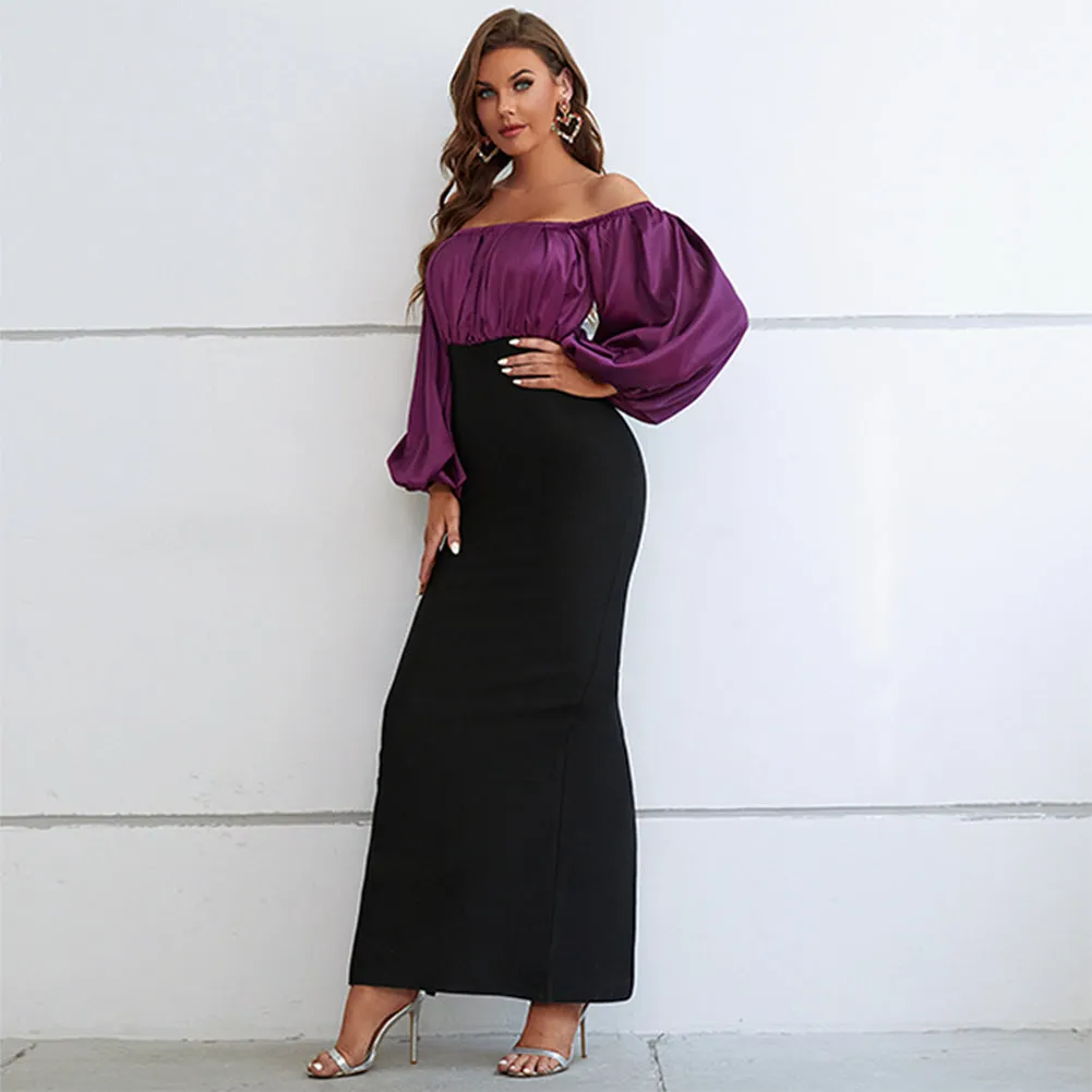 Off Shoulder Long Sleeve Splicing Maxi Bodycon Dress PZC2248