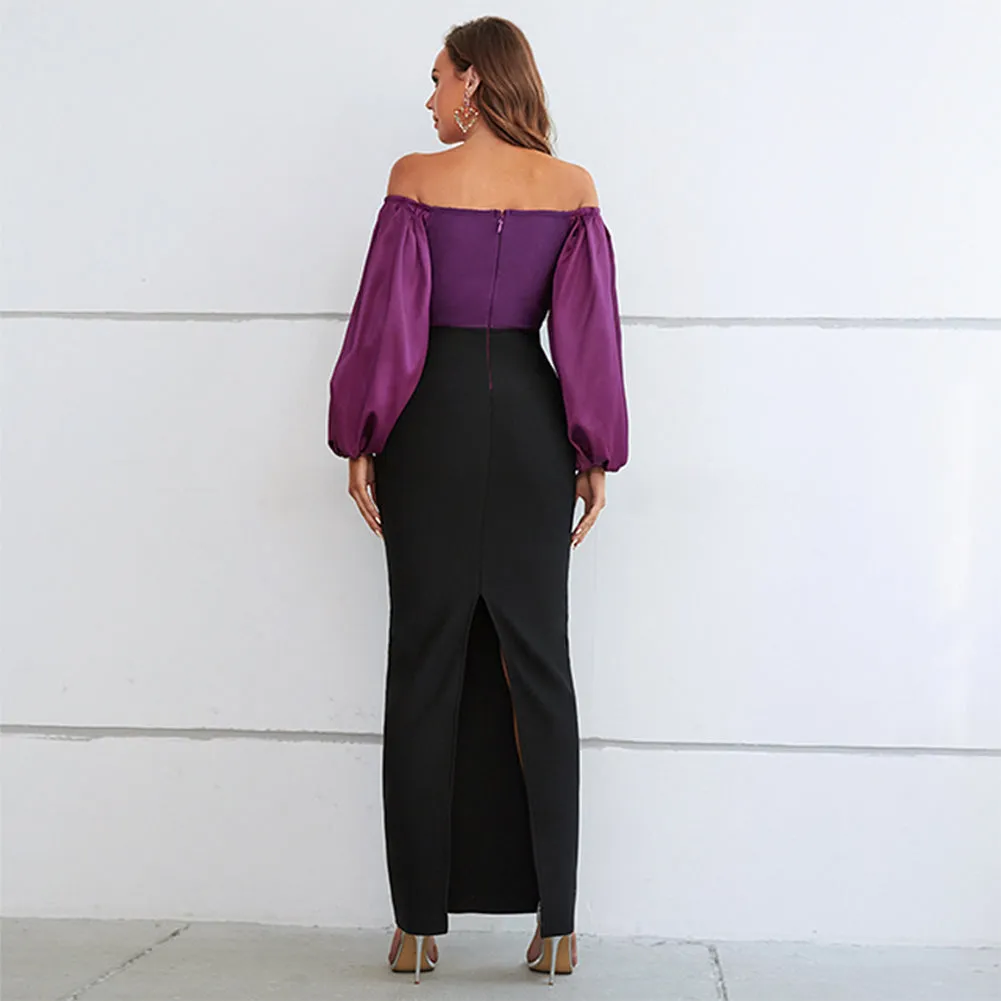 Off Shoulder Long Sleeve Splicing Maxi Bodycon Dress PZC2248