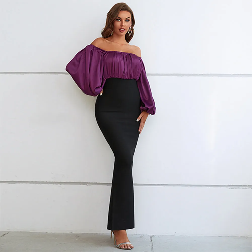 Off Shoulder Long Sleeve Splicing Maxi Bodycon Dress PZC2248