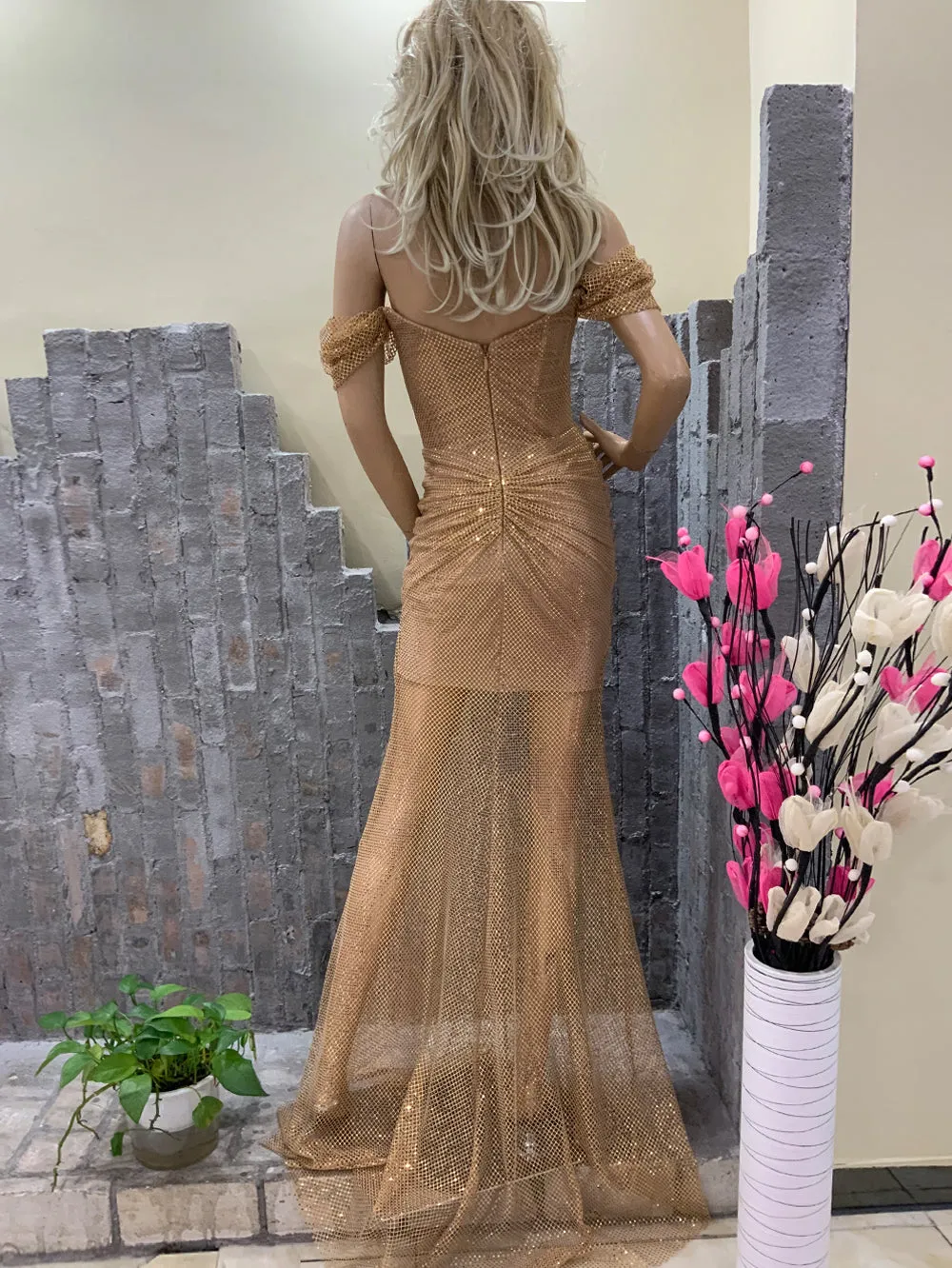 Off Shoulder Mesh Maxi Bodycon Dress HT29990