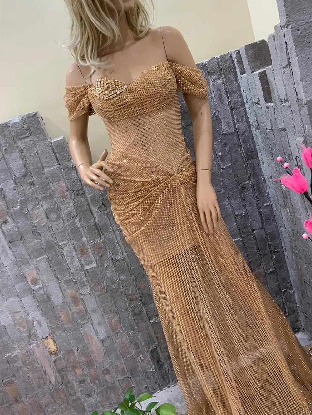 Off Shoulder Mesh Maxi Bodycon Dress HT29990