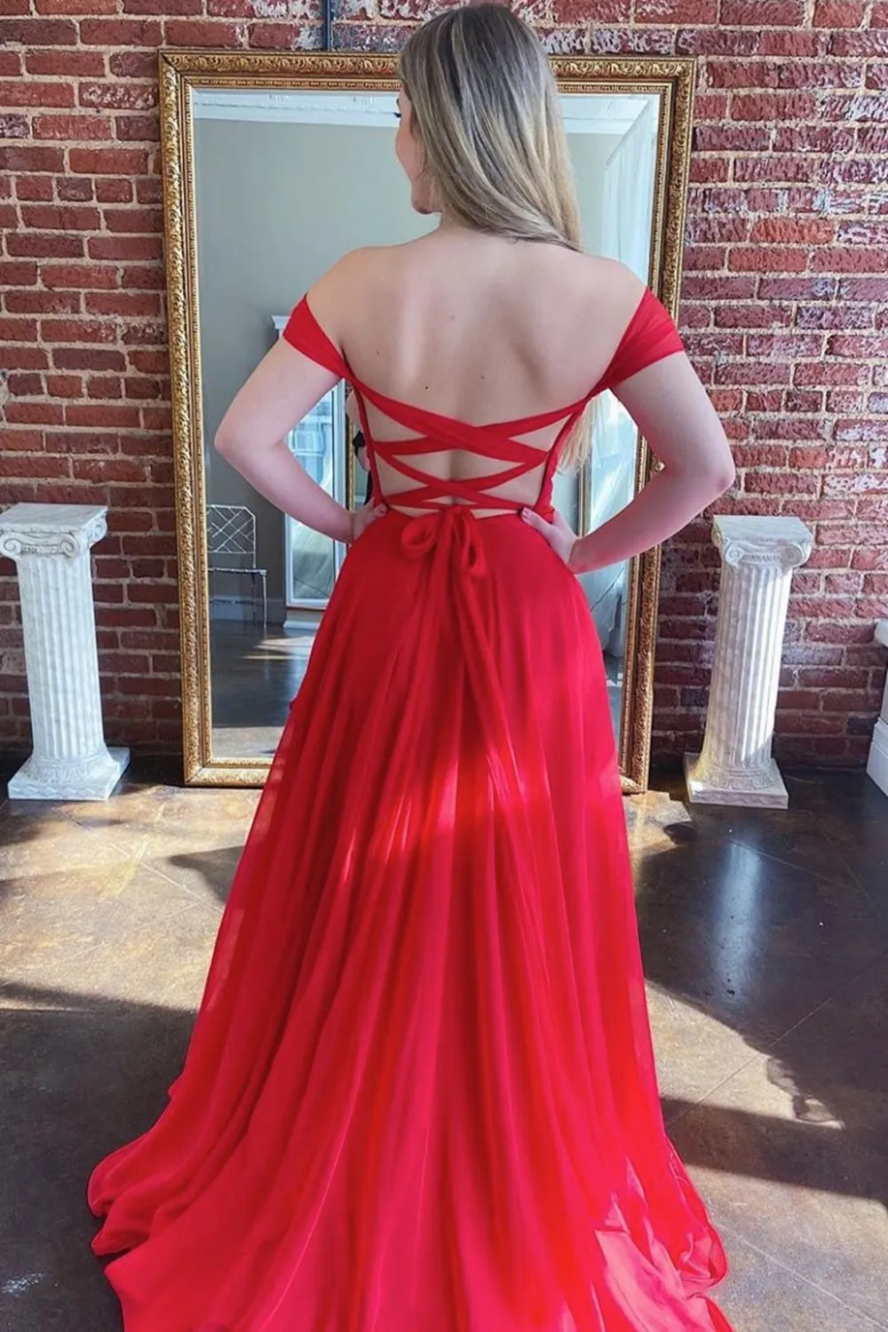 Off Shoulder Open Back Red Long Prom Dress with High Slit, V Neck Red Formal Evening Dress
