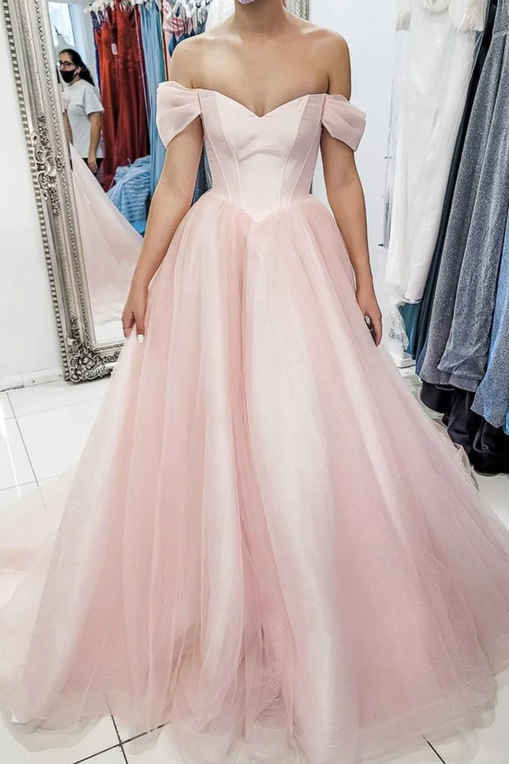 Off Shoulder Pink Tulle Long Prom Dress, Long Off the Shoulder Pink Formal Dress, Pink Evening Dress