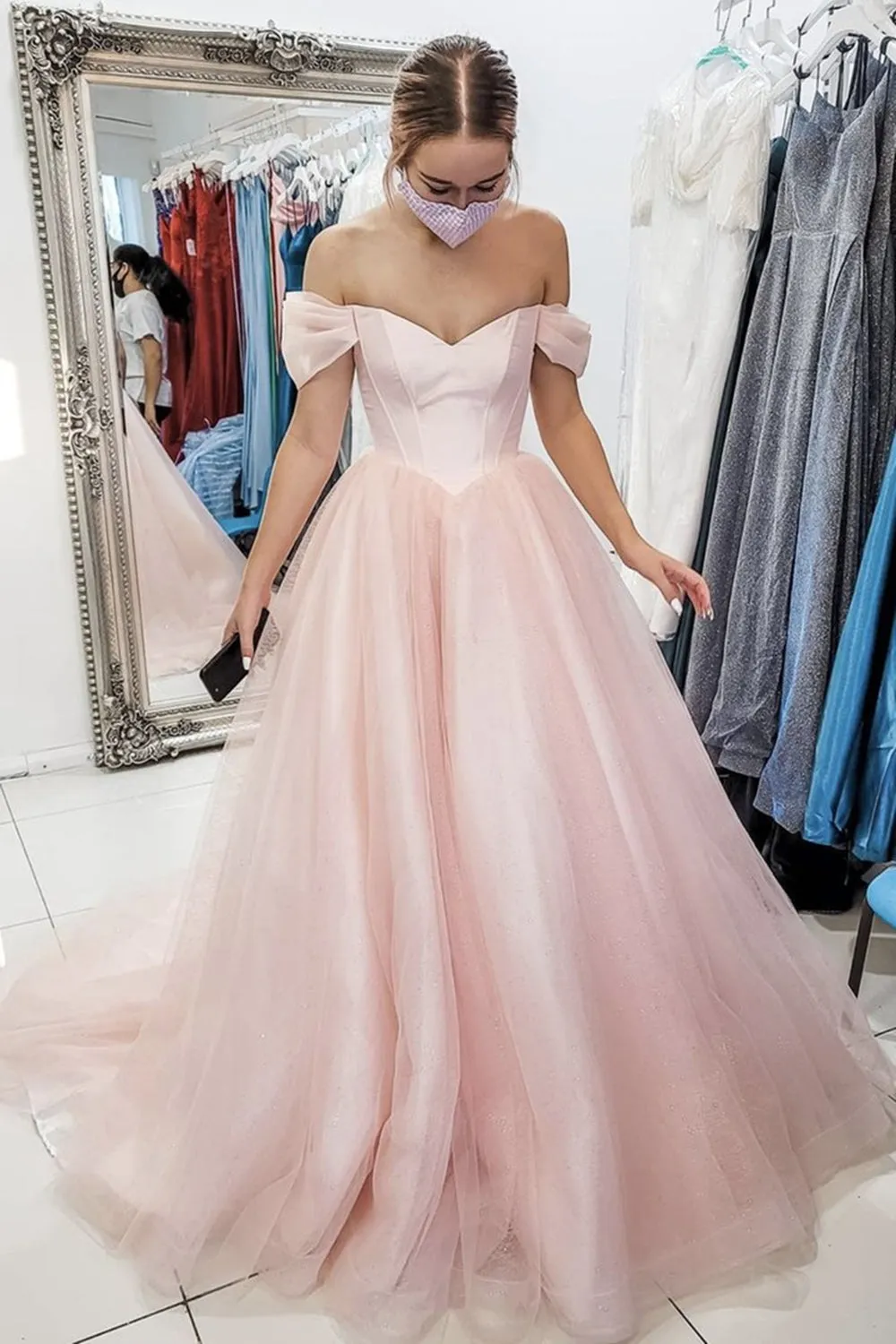 Off Shoulder Pink Tulle Long Prom Dress, Long Off the Shoulder Pink Formal Dress, Pink Evening Dress