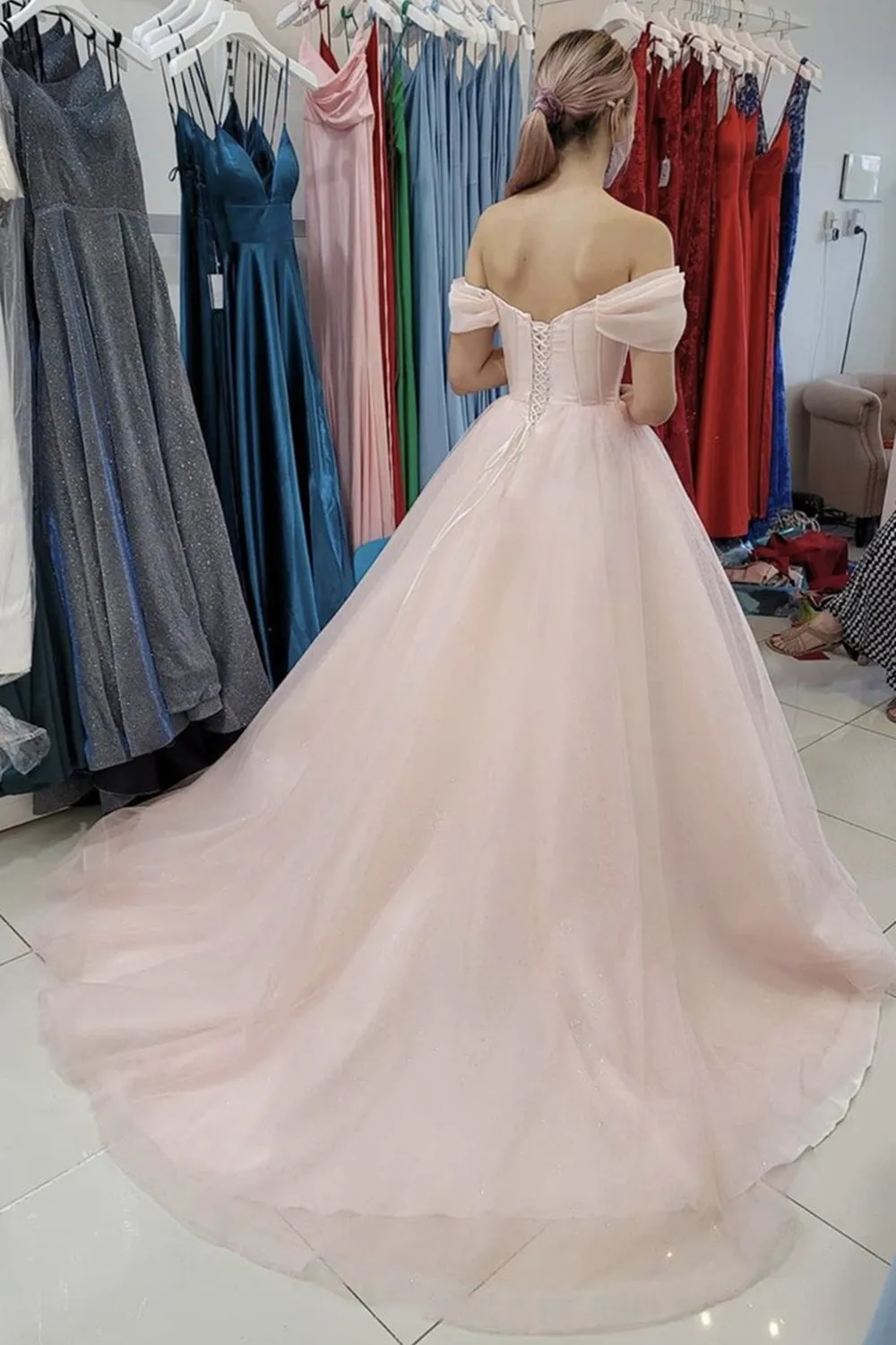 Off Shoulder Pink Tulle Long Prom Dress, Long Off the Shoulder Pink Formal Dress, Pink Evening Dress