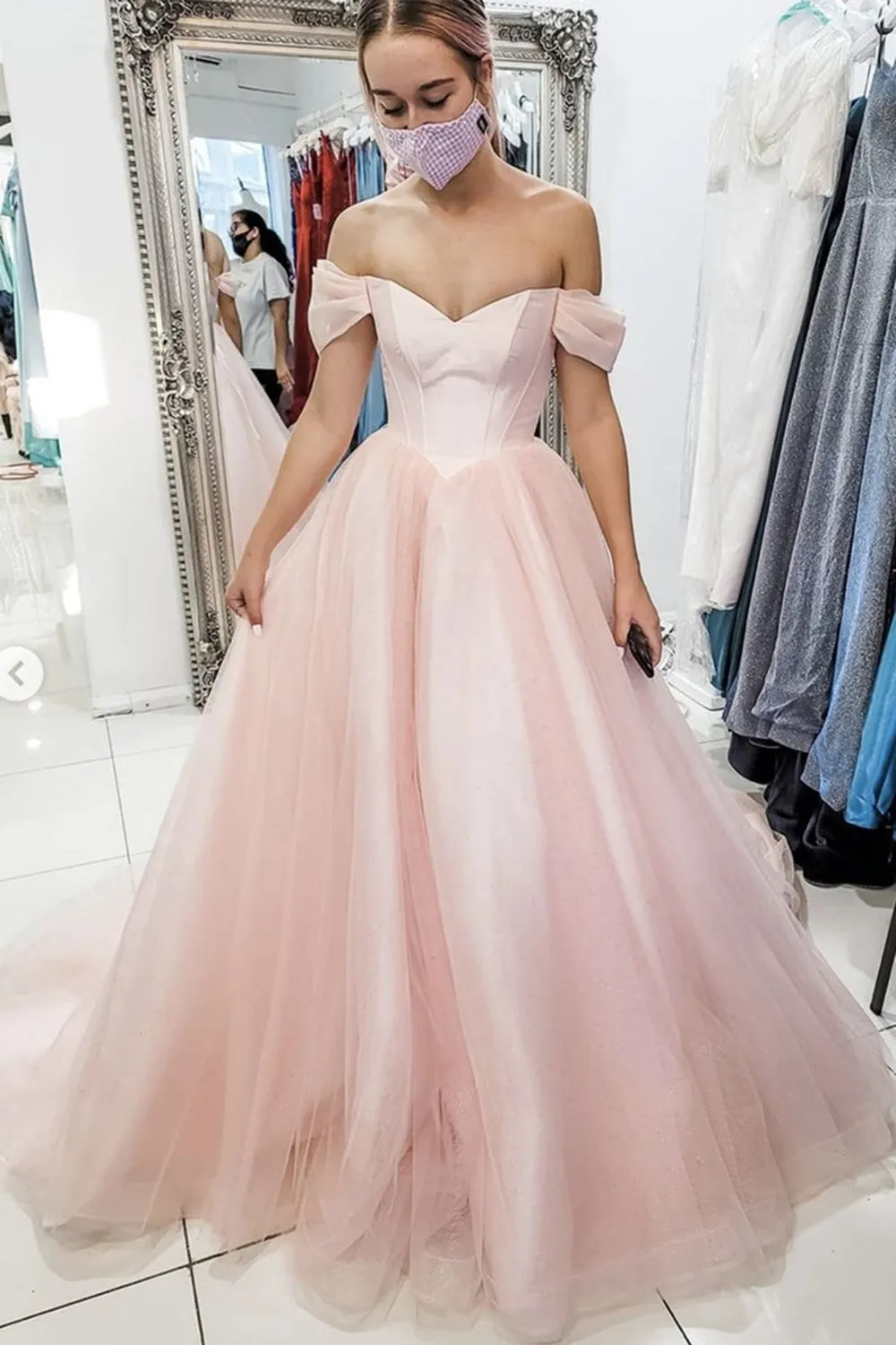Off Shoulder Pink Tulle Long Prom Dress, Long Off the Shoulder Pink Formal Dress, Pink Evening Dress