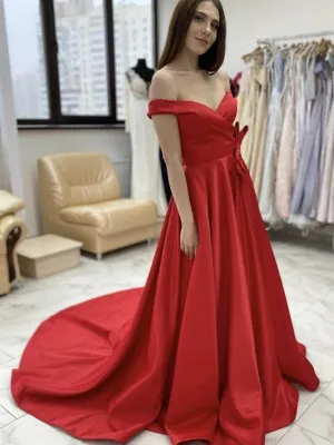 Off Shoulder Red Satin Long Prom, Off the Shoulder Red Formal, Red Evening