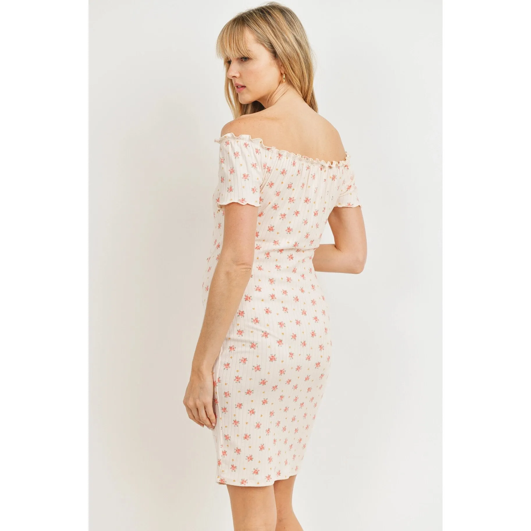 Off Shoulder Ribbed Floral Maternity Dress - Large