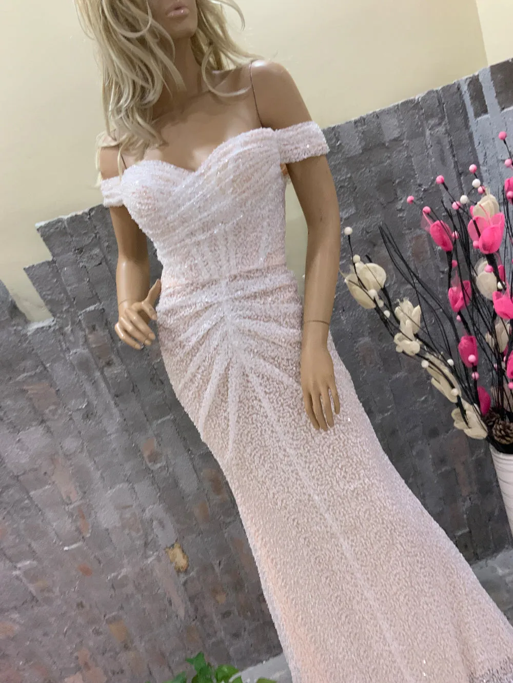 Off Shoulder Sequins Maxi Bodycon Dress HT20710