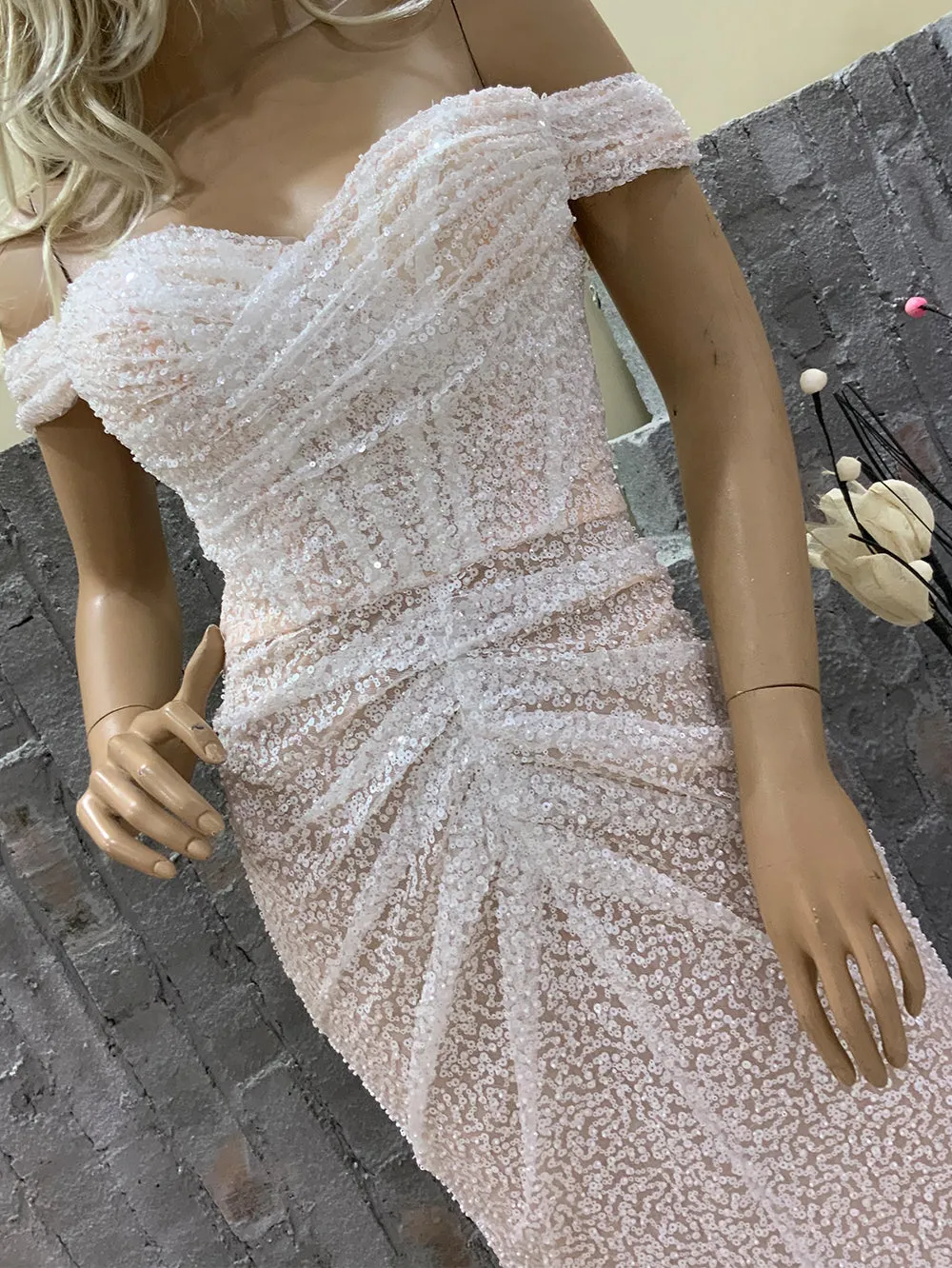 Off Shoulder Sequins Maxi Bodycon Dress HT20710