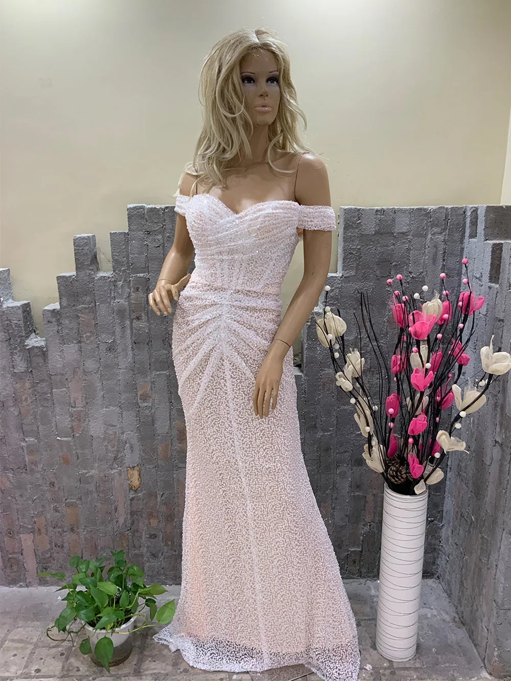 Off Shoulder Sequins Maxi Bodycon Dress HT20710