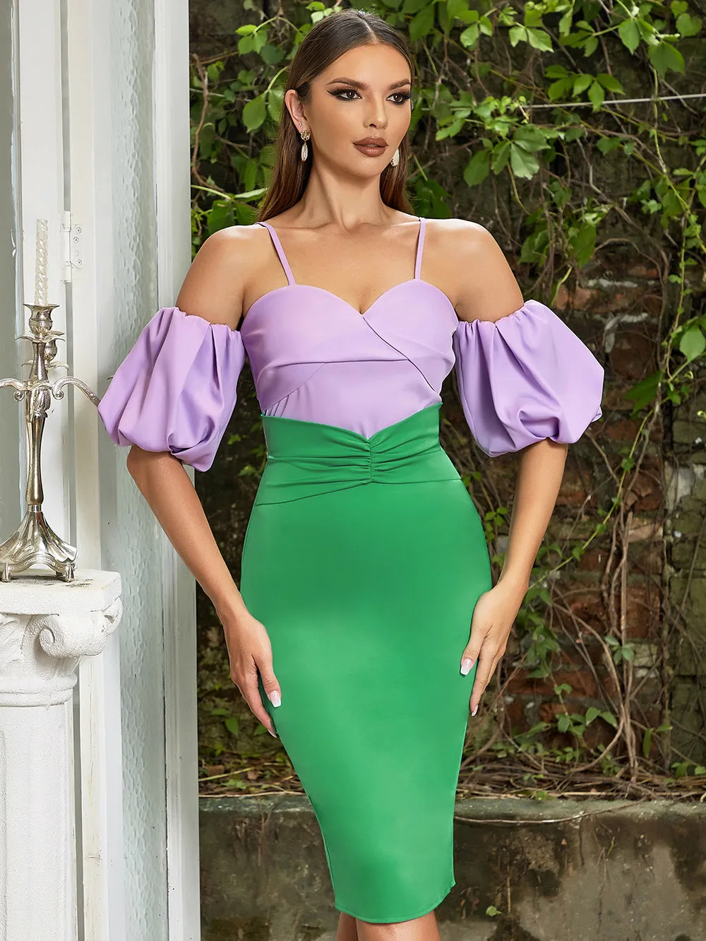 Off Shoulder Splicing Over Knee Bodycon Dress HB0318