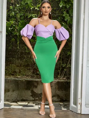 Off Shoulder Splicing Over Knee Bodycon Dress HB0318
