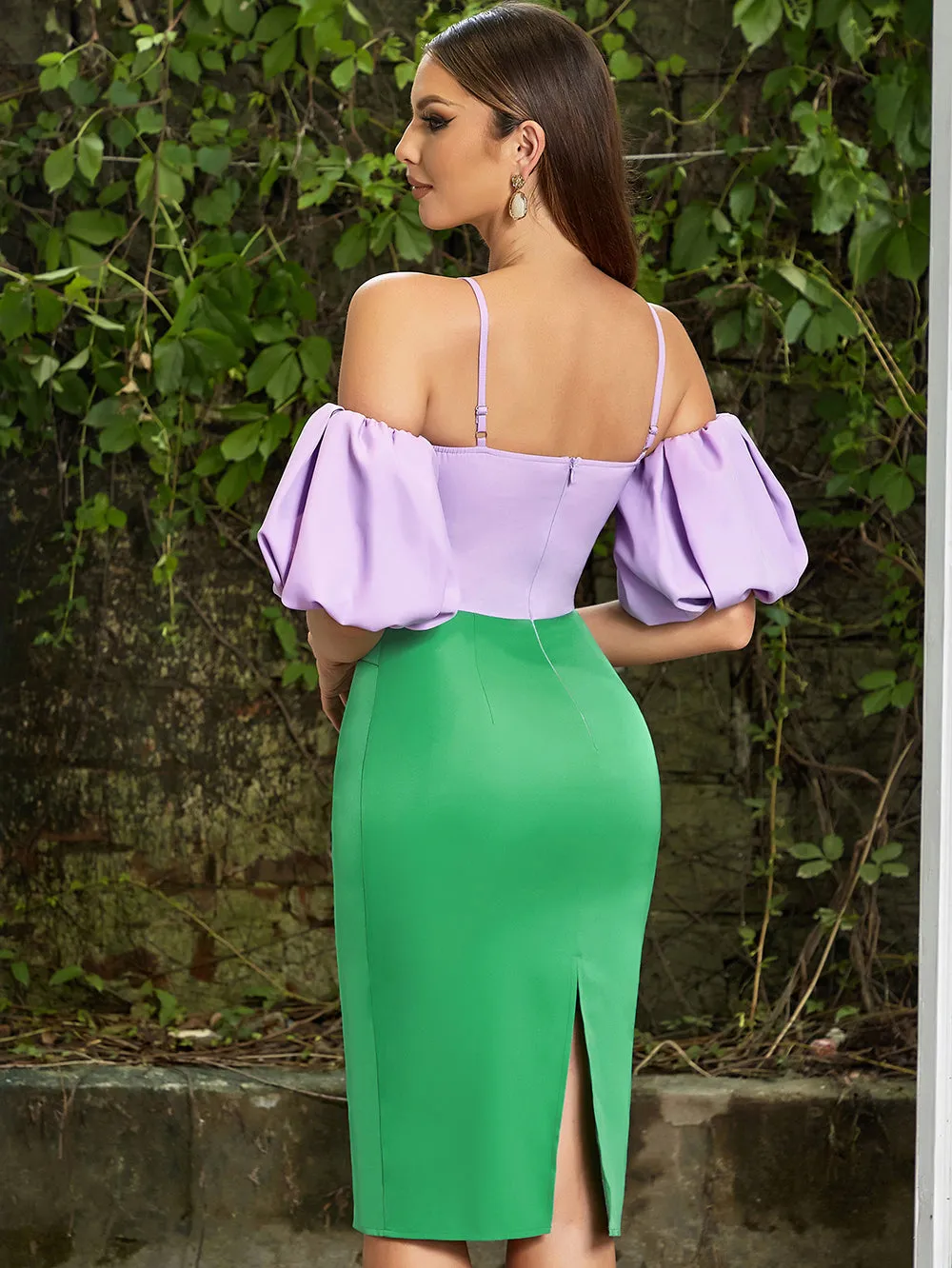 Off Shoulder Splicing Over Knee Bodycon Dress HB0318