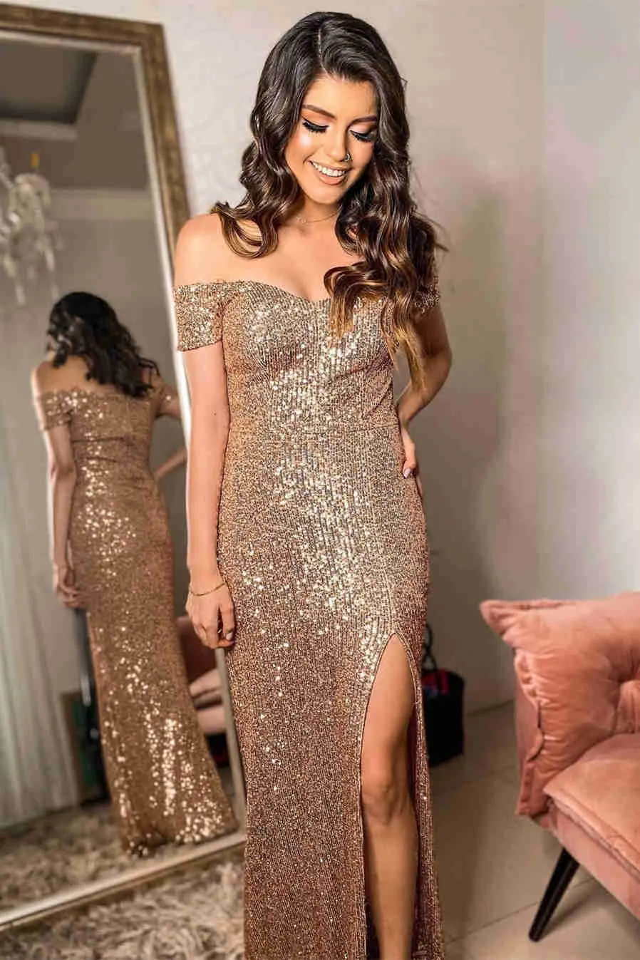 Off the Shoulder Brown Sequins Prom Dress