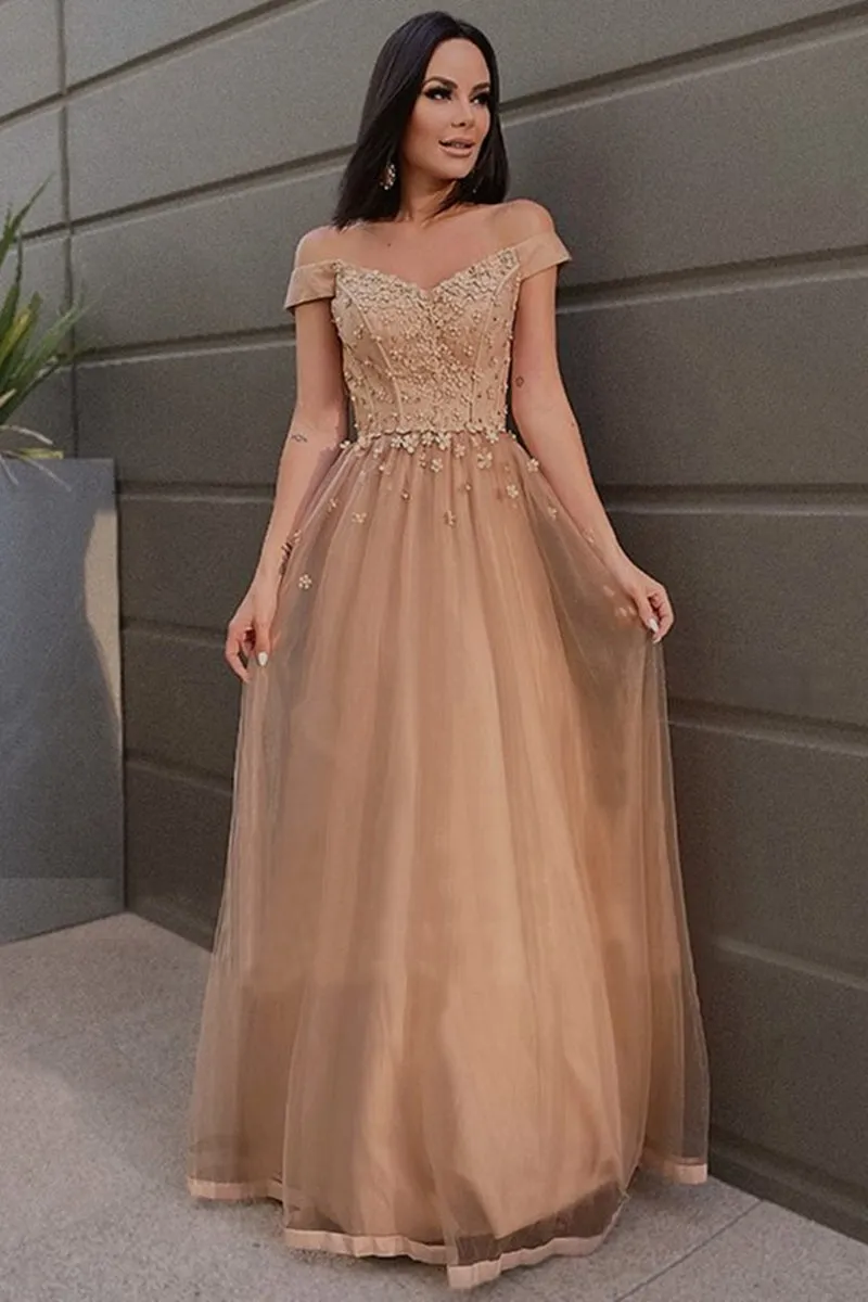 Off the Shoulder Champagne Lace Floral Prom Dress, Off Shoulder Champagne Formal Dress, Champagne Lace Evening Dress