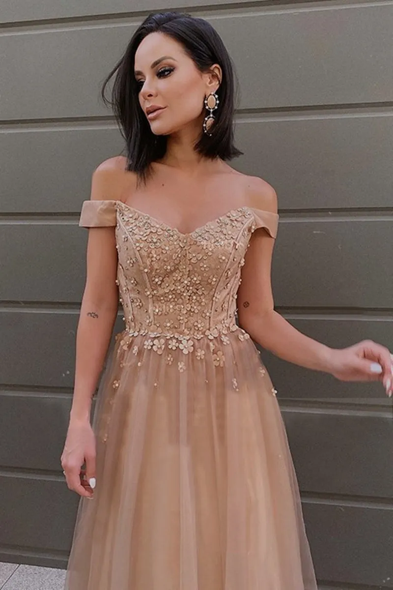 Off the Shoulder Champagne Lace Floral Prom Dress, Off Shoulder Champagne Formal Dress, Champagne Lace Evening Dress