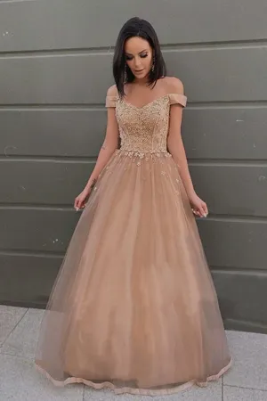 Off the Shoulder Champagne Lace Floral Prom Dress, Off Shoulder Champagne Formal Dress, Champagne Lace Evening Dress