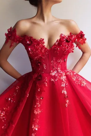 Off the Shoulder Red Lace Floral Long Prom Dress, Long Off Shoulder Red Lace Formal Evening Dress