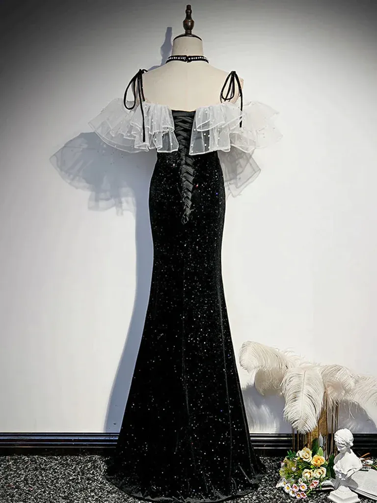 Off the Shoulder Shiny Black Mermaid Prom Dresses, Off Shoulder Shiny Black Long Formal Evening Dresses
