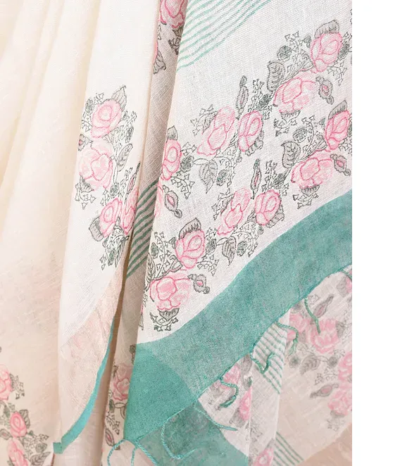 Off white linen saree with hand block print