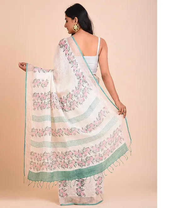 Off white linen saree with hand block print