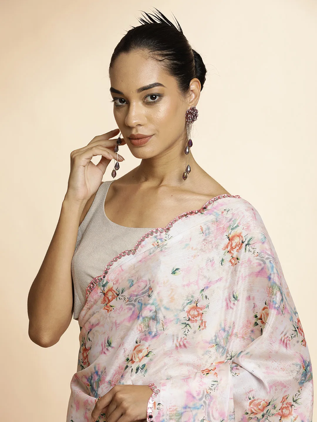 Off White Mirror Work Satin Floral Saree