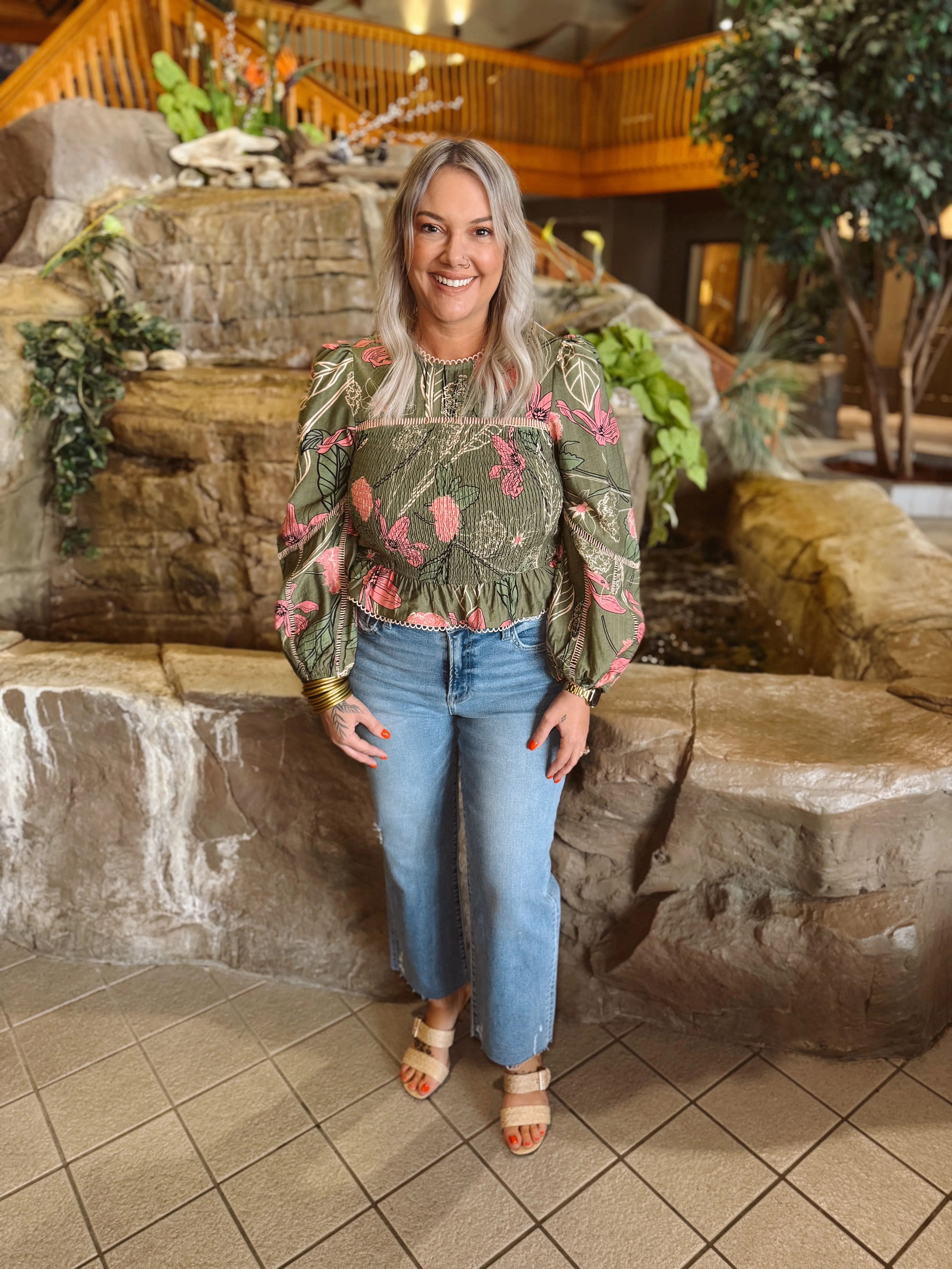Olive Floral Smocked Puff Top