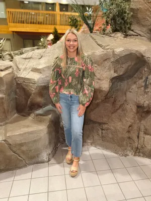 Olive Floral Smocked Puff Top