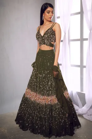 Olive green embroidered lehenga