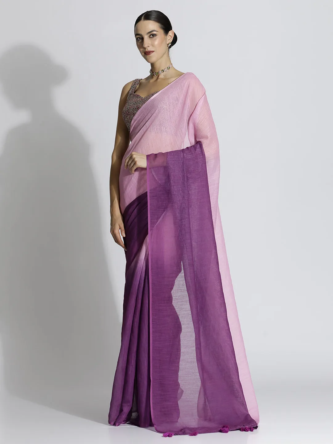 Ombre Daily Wear Pure Linen Red Wine Saree