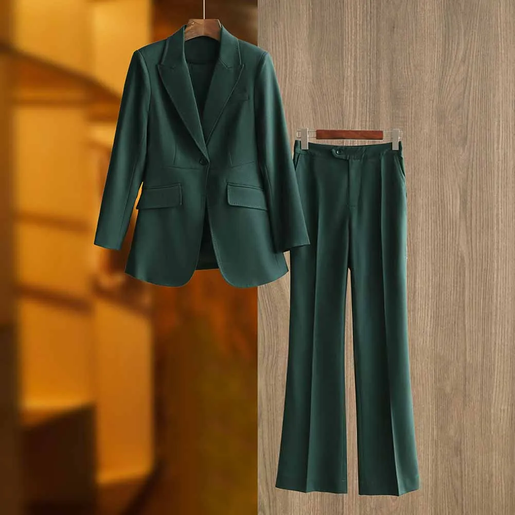 One Button Dark Green Pantsuit Fitted Blazer   Mid-High Rise Trousers Pantsuit Suit Formal Wear