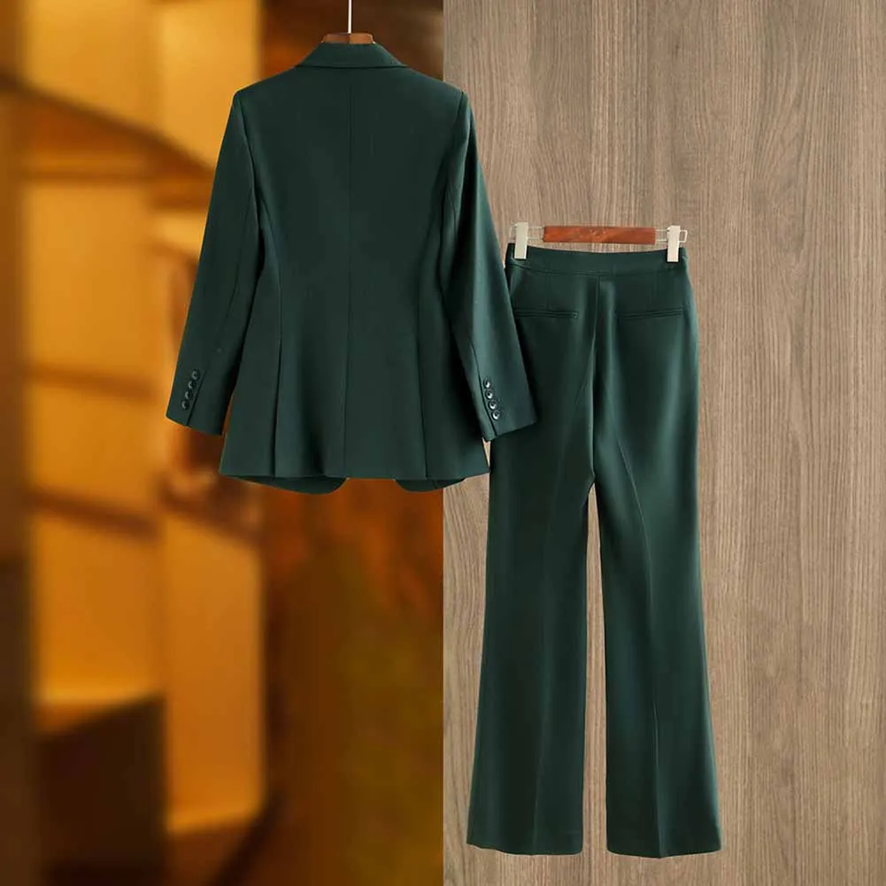 One Button Dark Green Pantsuit Fitted Blazer   Mid-High Rise Trousers Pantsuit Suit Formal Wear