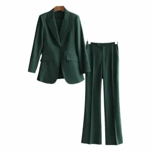 One Button Dark Green Pantsuit Fitted Blazer   Mid-High Rise Trousers Pantsuit Suit Formal Wear