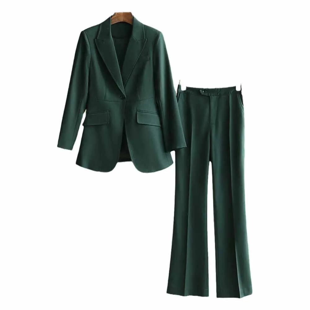 One Button Dark Green Pantsuit Fitted Blazer   Mid-High Rise Trousers Pantsuit Suit Formal Wear