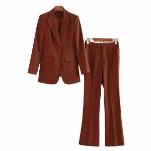 One Button Rust Brown Pantsuit Fitted Blazer   Mid-High Rise Trousers Pantsuit Suit Formal Wear