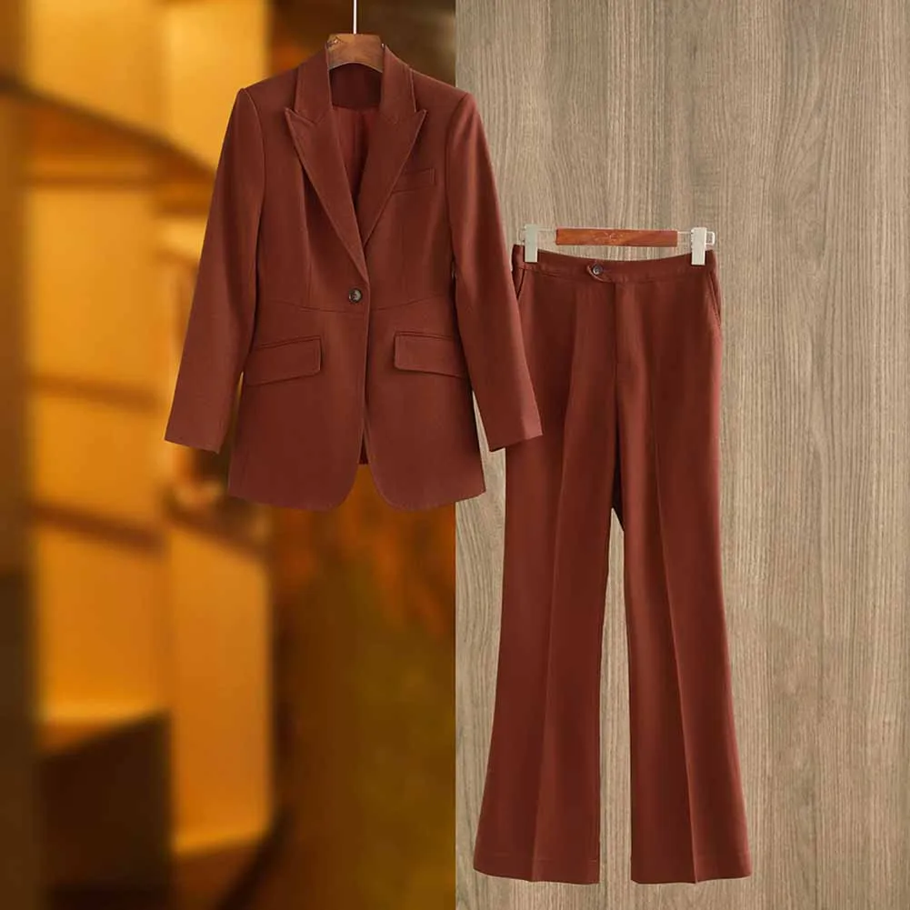 One Button Rust Brown Pantsuit Fitted Blazer   Mid-High Rise Trousers Pantsuit Suit Formal Wear