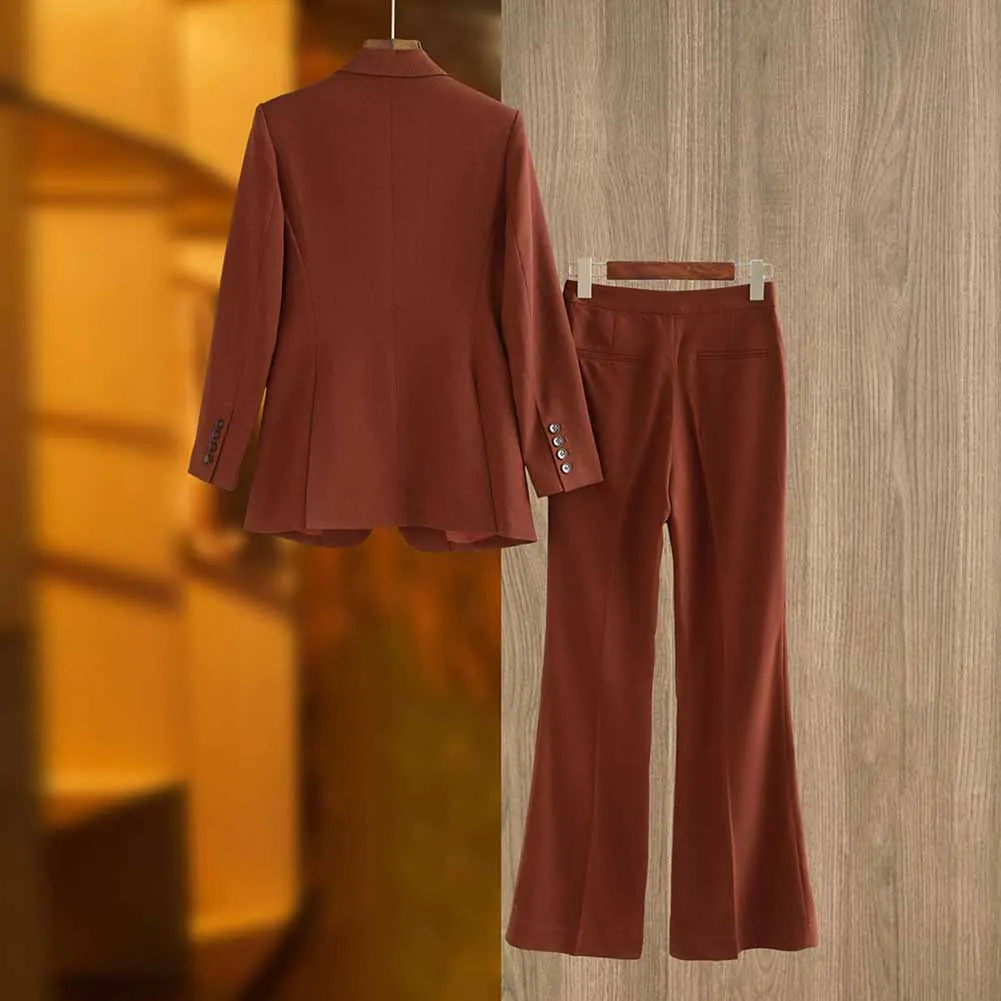 One Button Rust Brown Pantsuit Fitted Blazer   Mid-High Rise Trousers Pantsuit Suit Formal Wear
