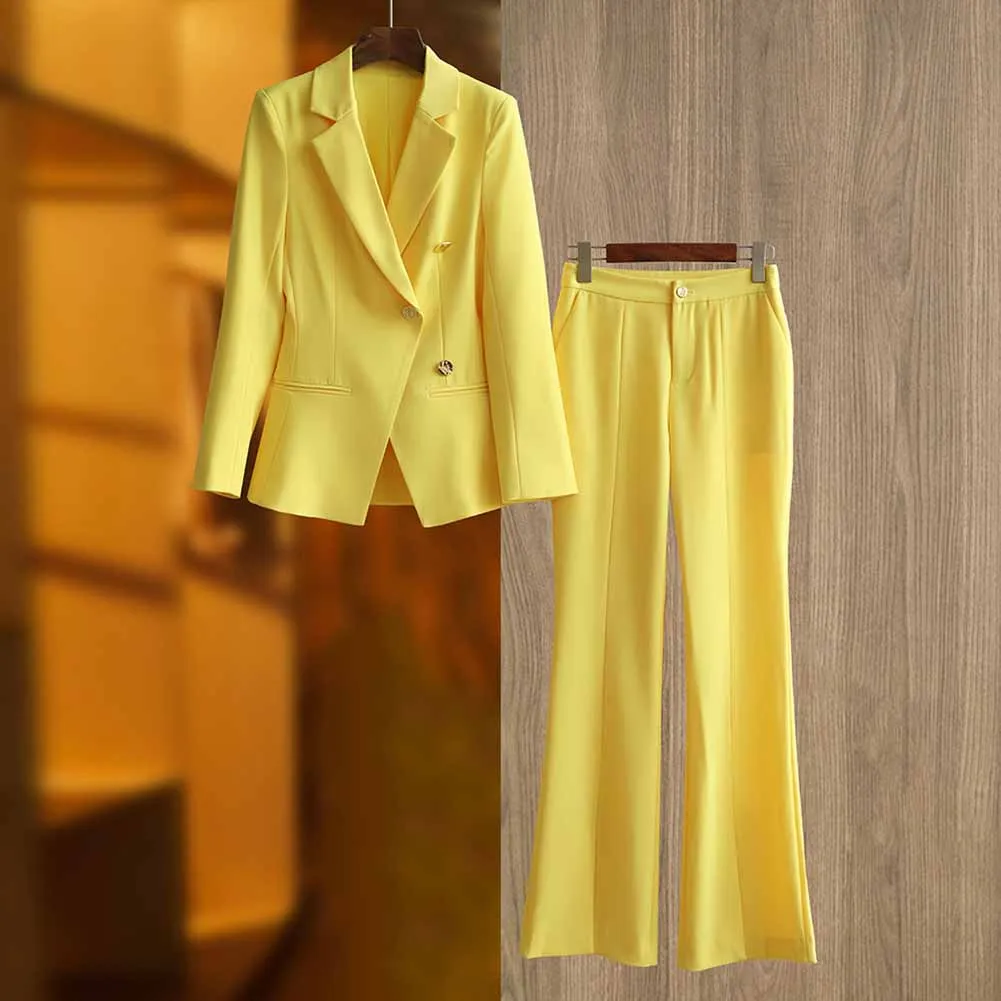 One Button Yellow Pantsuit Fitted Blazer   Mid-High Rise Trousers Pantsuit Suit Formal Wear