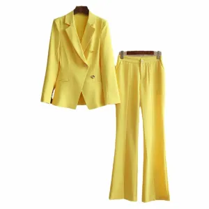 One Button Yellow Pantsuit Fitted Blazer   Mid-High Rise Trousers Pantsuit Suit Formal Wear