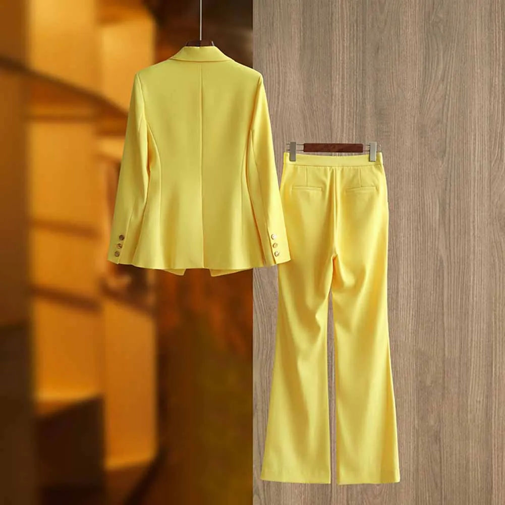 One Button Yellow Pantsuit Fitted Blazer   Mid-High Rise Trousers Pantsuit Suit Formal Wear