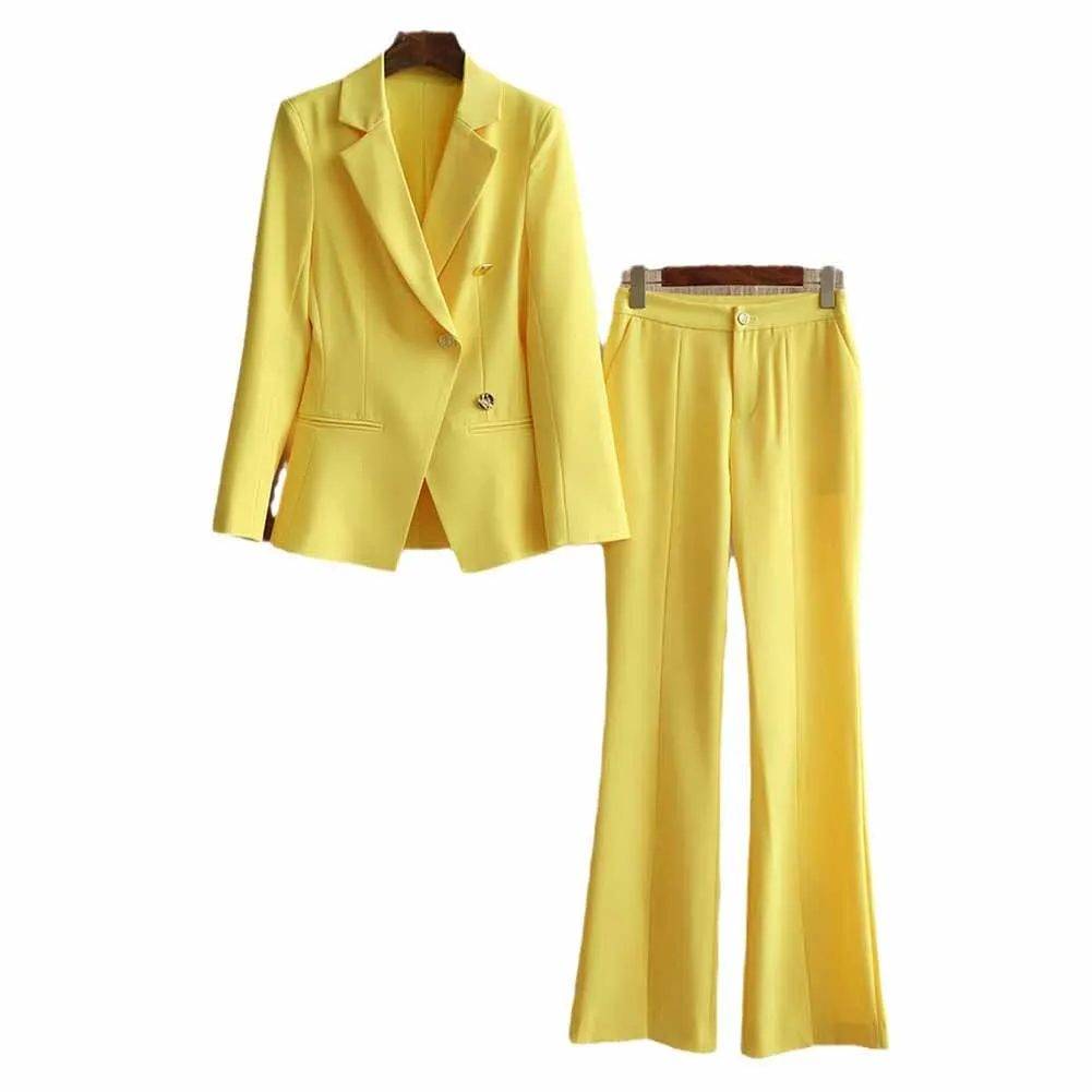 One Button Yellow Pantsuit Fitted Blazer   Mid-High Rise Trousers Pantsuit Suit Formal Wear