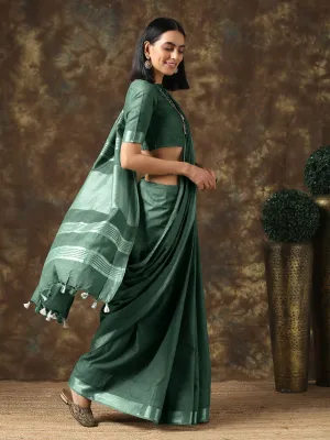 Opulent Olive Linen Blend Saree with Silver Border and Blouse