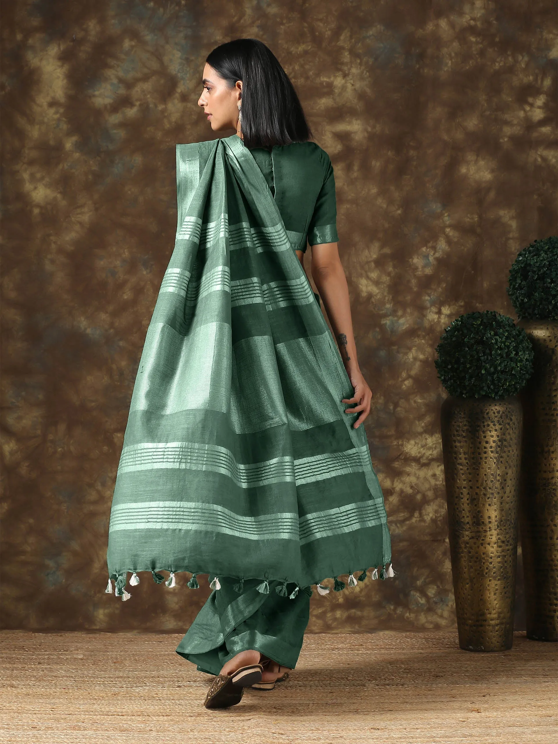 Opulent Olive Linen Blend Saree with Silver Border and Blouse