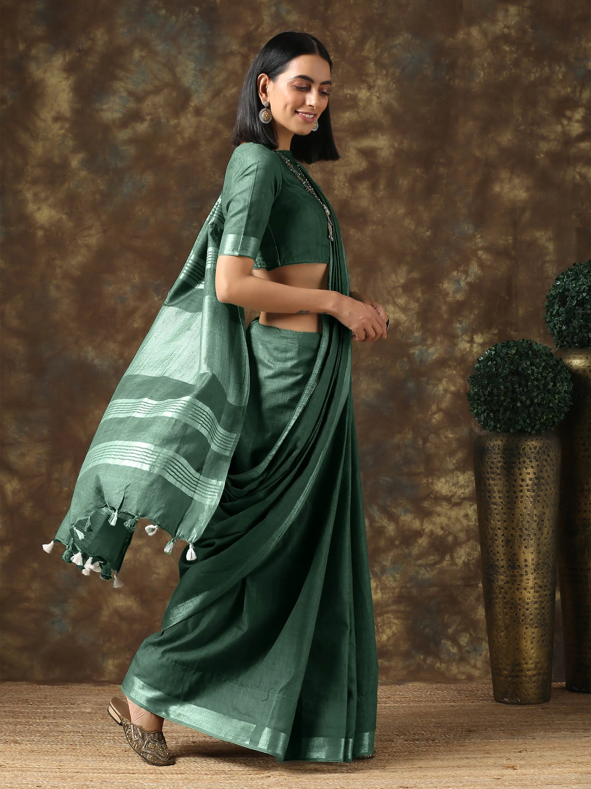 Opulent Olive Linen Blend Saree with Silver Border and Blouse