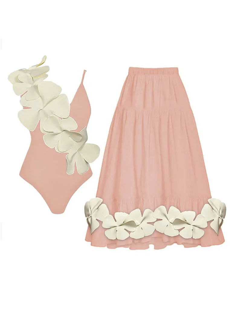 Orange And White Flower One Piece With Bathing Suit Swing Skirt