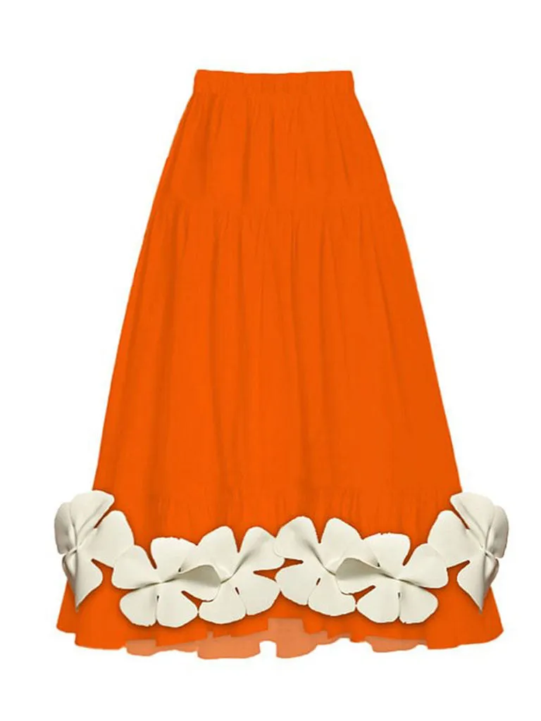 Orange And White Flower One Piece With Bathing Suit Swing Skirt