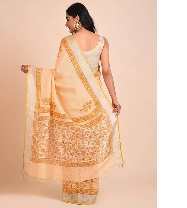 ORANGE HAND WOVEN LINEN SAREE WITH HANDBLOCK PRINT AND MUKAISH WORK